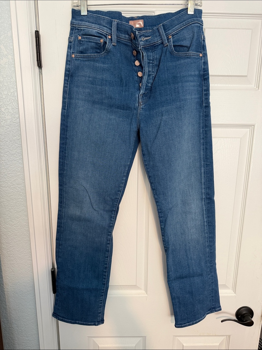 MOTHER Straight-Leg Blue Denim Jeans with Button Fly